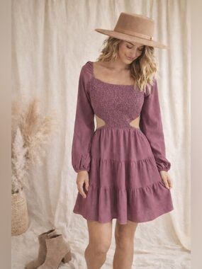 Altered State Smocked Tiered Mini Dress Mauve Long Sleeve Boho Size L